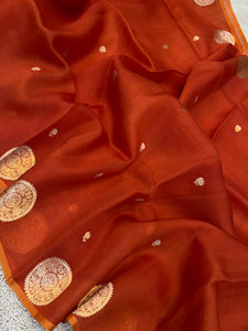 Orange Banarasi Handloom Kora Silk Saree