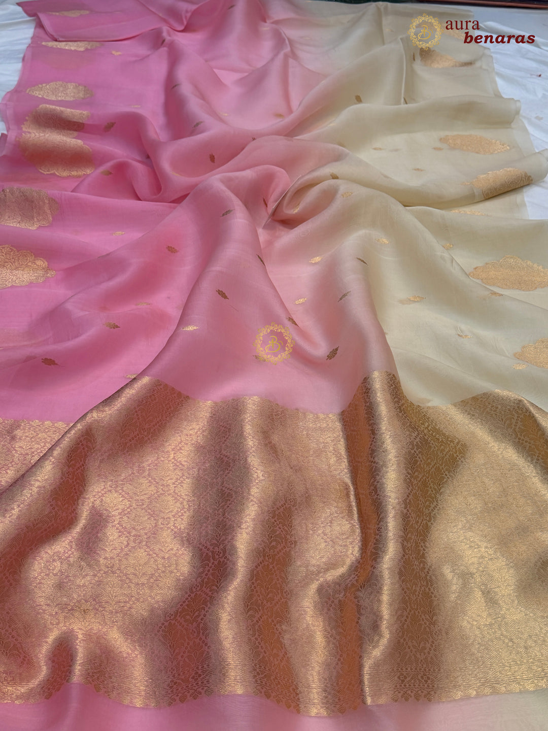 Cream - Pink shaded Kora Silk Banarasi Saree with Sona Rupa Butis 
