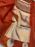 Orange Banarasi Handloom Kora Silk Saree