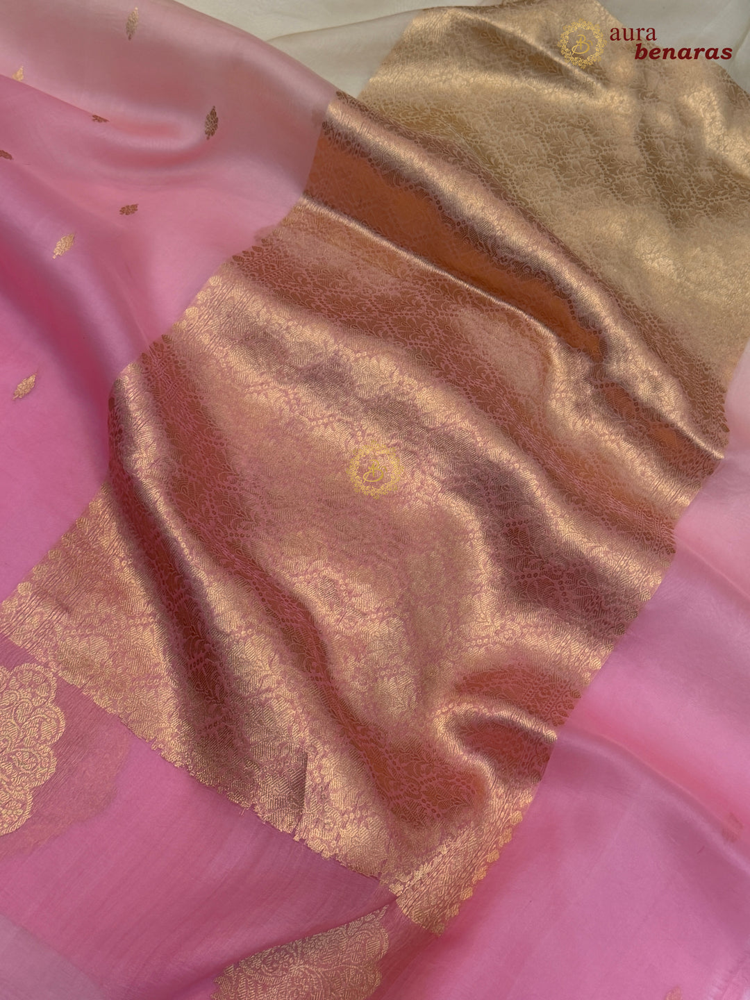 Cream - Pink shaded Kora Silk Banarasi Saree with Sona Rupa Butis 