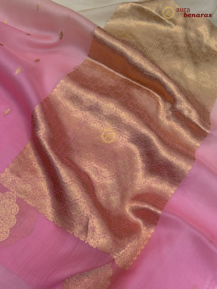 Cream - Pink shaded Kora Silk Banarasi Saree with Sona Rupa Butis 