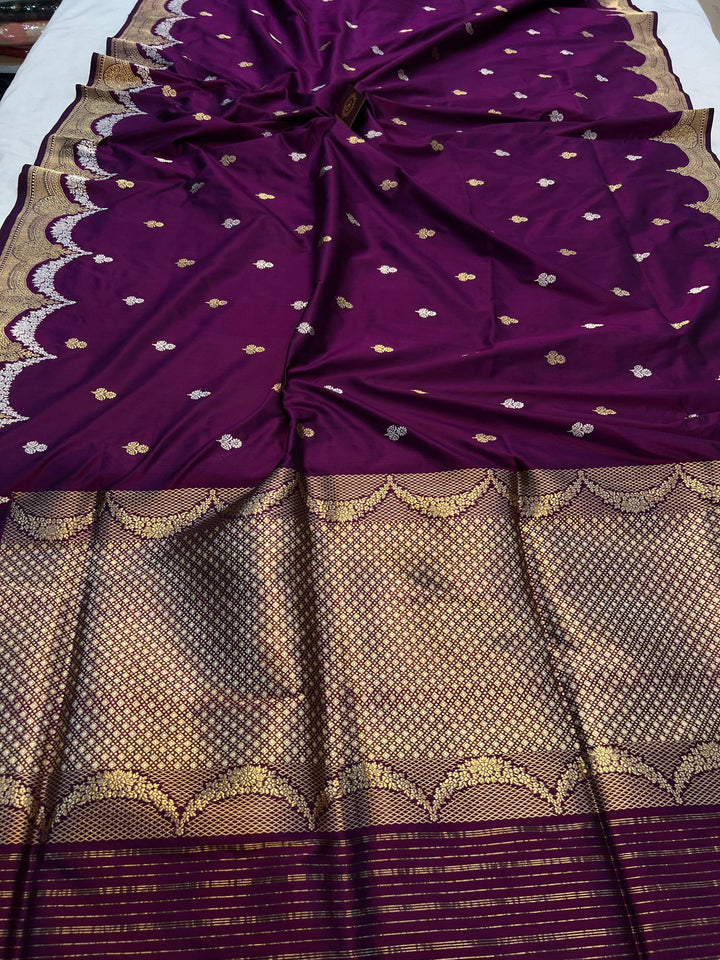 Wine Banarasi Handloom Katan Silk Saree - Aura Benaras