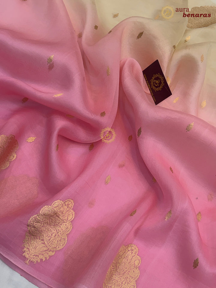 Cream - Pink shaded Kora Silk Banarasi Saree with Sona Rupa Butis 