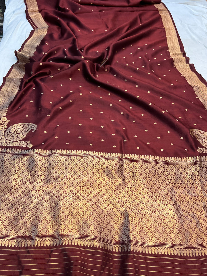Brown Pure Kora Silk Banarasi Saree with Zari Butis & Konia