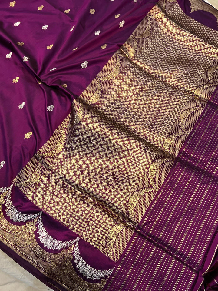 Wine Banarasi Handloom Katan Silk Saree - Aura Benaras