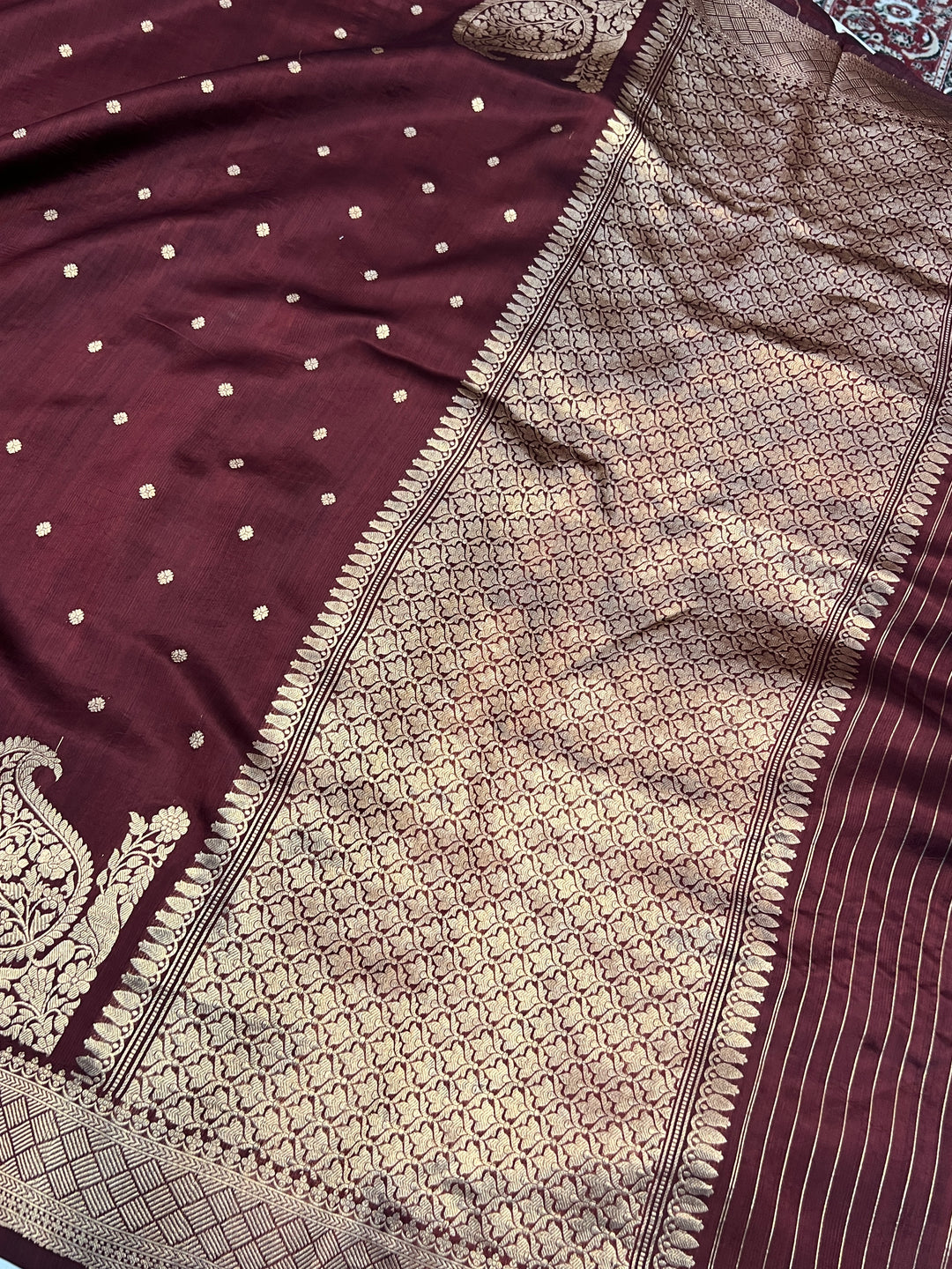 Brown Pure Kora Silk Banarasi Saree with Zari Butis & Konia