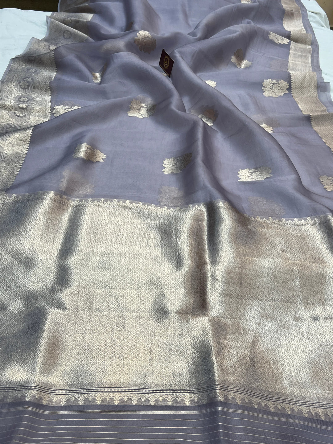 Grey Pure Kora Silk Handloom Banarasi Saree