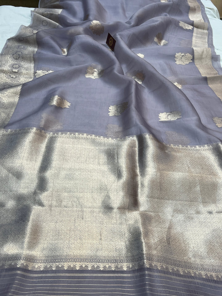 Grey Pure Kora Silk Handloom Banarasi Saree