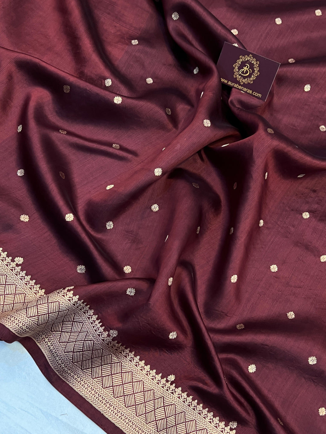 Brown Pure Kora Silk Banarasi Saree with Zari Butis & Konia