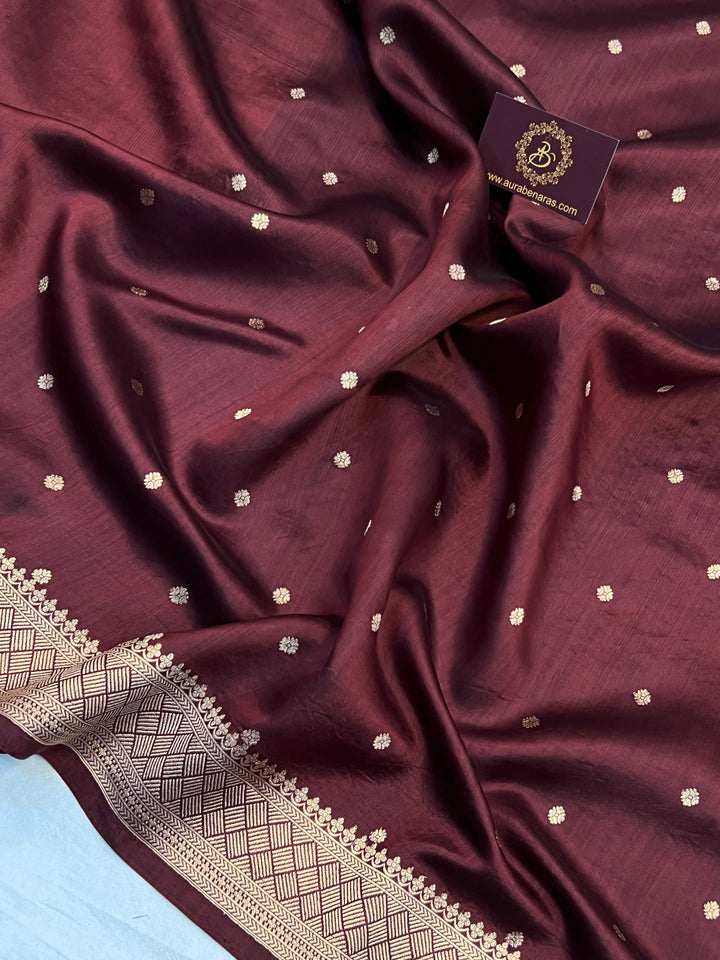 Brown Pure Kora Silk Banarasi Saree with Zari Butis & Konia