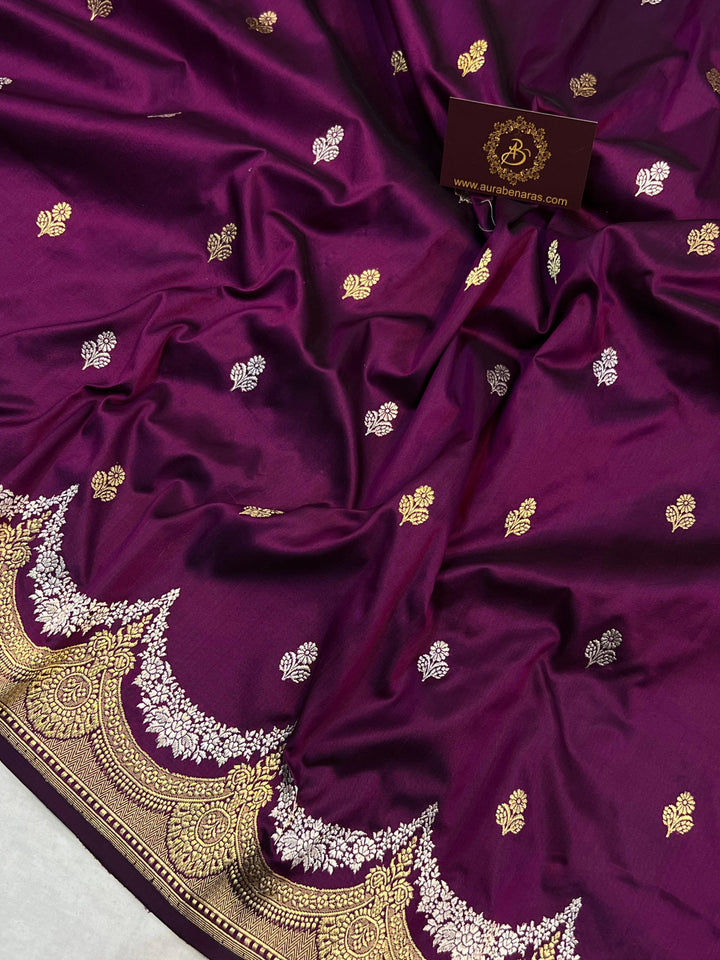 Wine Banarasi Handloom Katan Silk Saree - Aura Benaras