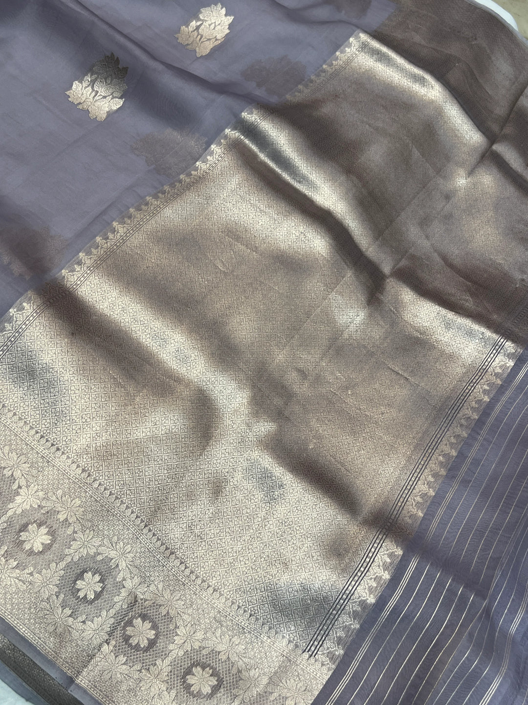 Grey Pure Kora Silk Handloom Banarasi Saree
