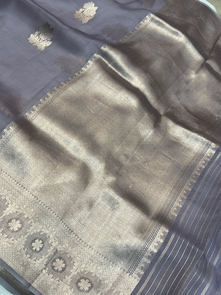 Grey Pure Kora Silk Handloom Banarasi Saree