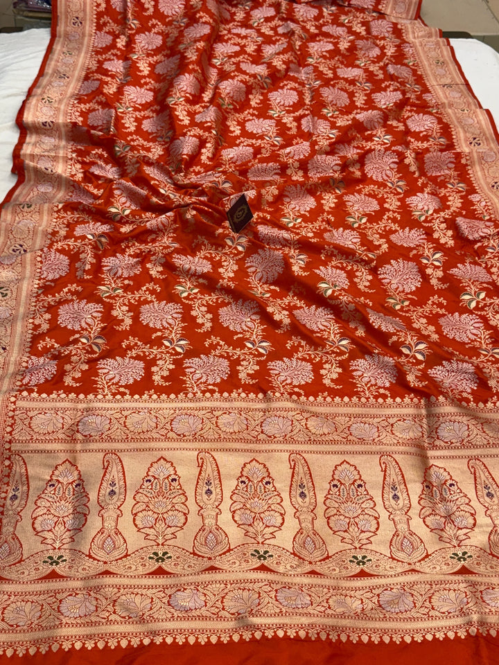Orange Pure Katan silk Handloom Banarasi Saree