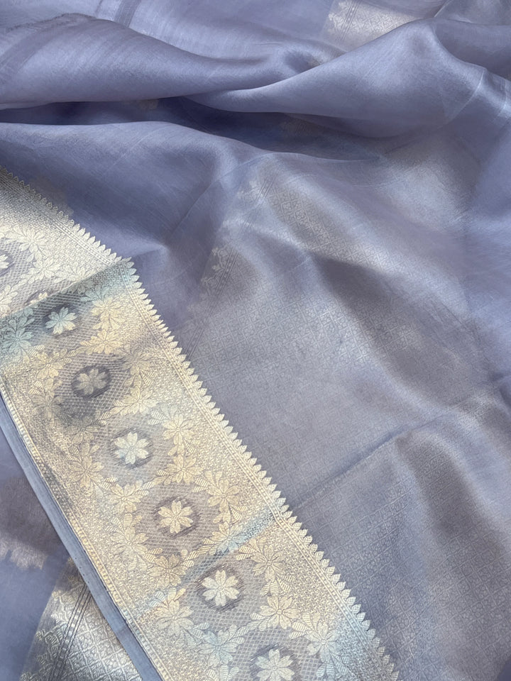 Grey Pure Kora Silk Handloom Banarasi Saree