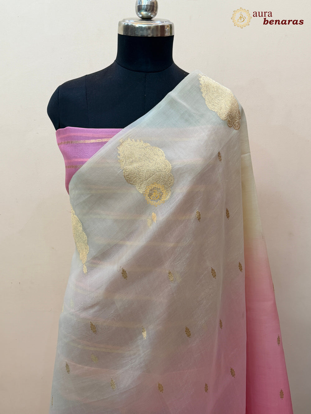 Cream - Pink shaded Kora Silk Banarasi Saree with Sona Rupa Butis 