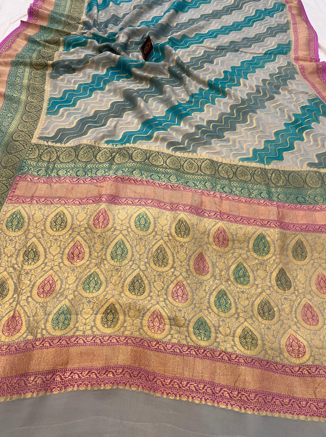 Greyish Blue Rangkaat Pure Banarasi Khaddi Georgette Saree - Aura Benaras