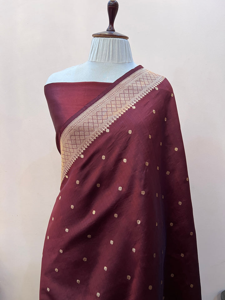 Brown Pure Kora Silk Banarasi Saree with Zari Butis & Konia