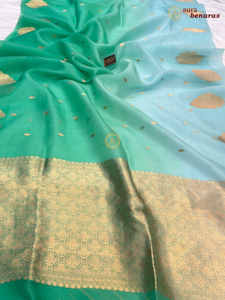 Blue - Green shaded Kora Silk Banarasi Saree with Sona Rupa Butis 