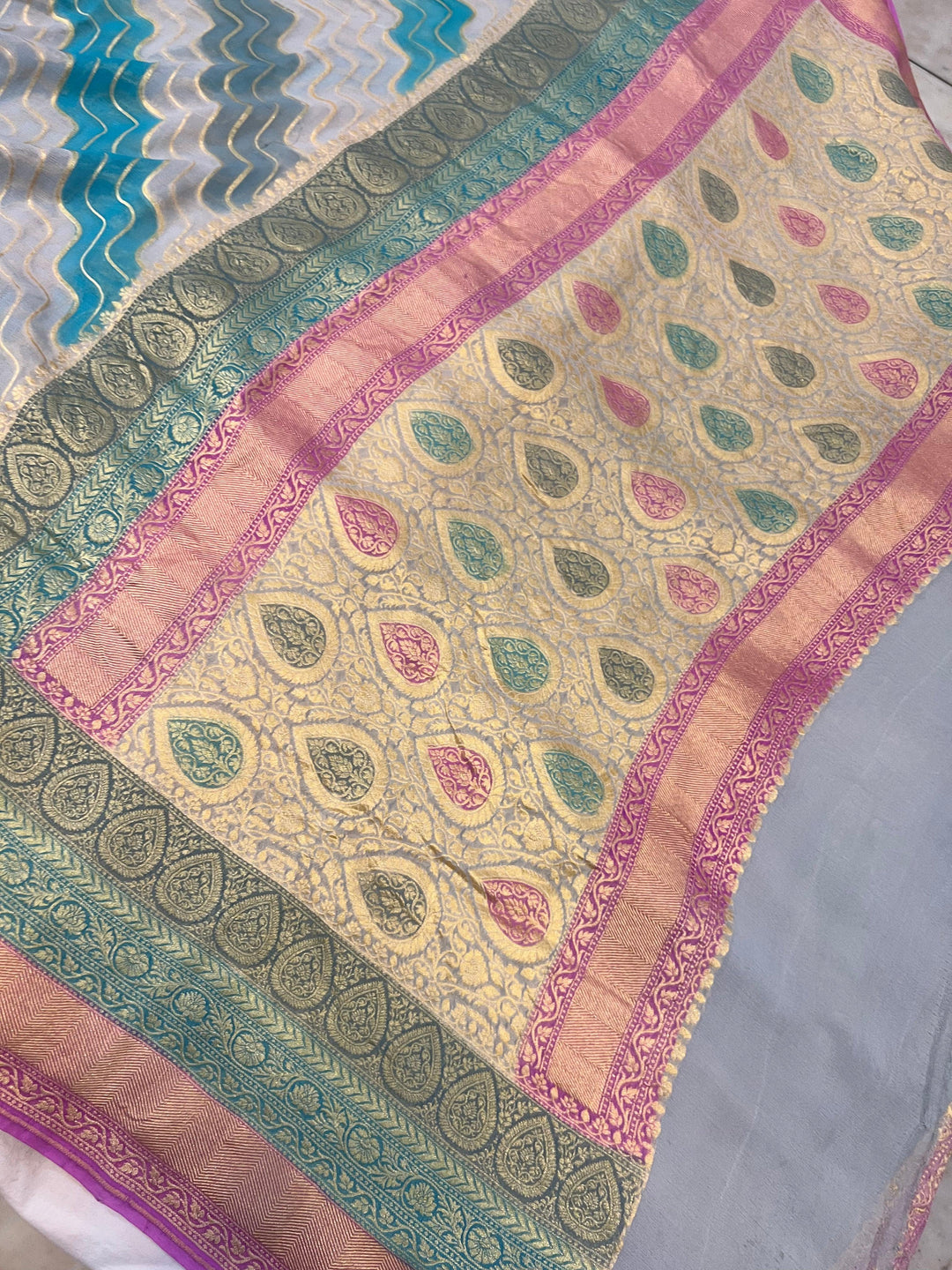 Greyish Blue Rangkaat Pure Banarasi Khaddi Georgette Saree - Aura Benaras