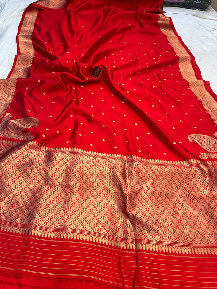 Red Pure Silk Banarasi Saree with Zari Butis & Konia