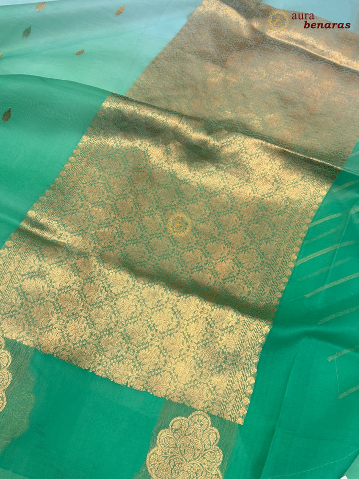 Blue - Green shaded Kora Silk Banarasi Saree with Sona Rupa Butis 