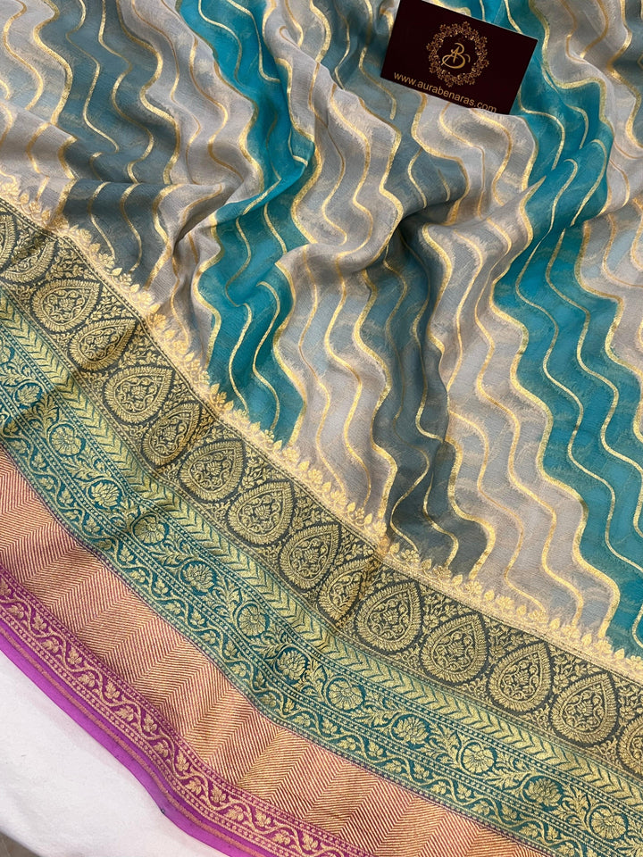 Greyish Blue Rangkaat Pure Banarasi Khaddi Georgette Saree - Aura Benaras