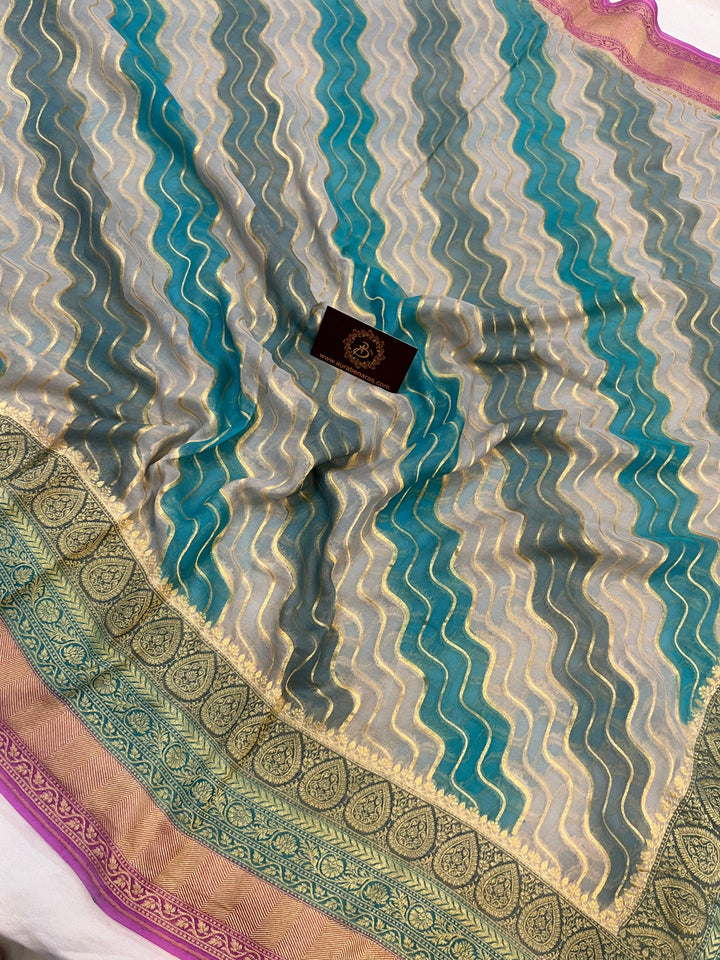 Greyish Blue Rangkaat Pure Banarasi Khaddi Georgette Saree - Aura Benaras