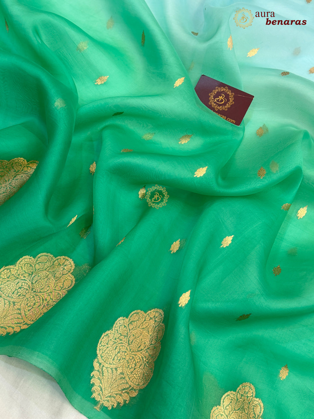 Blue - Green shaded Kora Silk Banarasi Saree with Sona Rupa Butis 