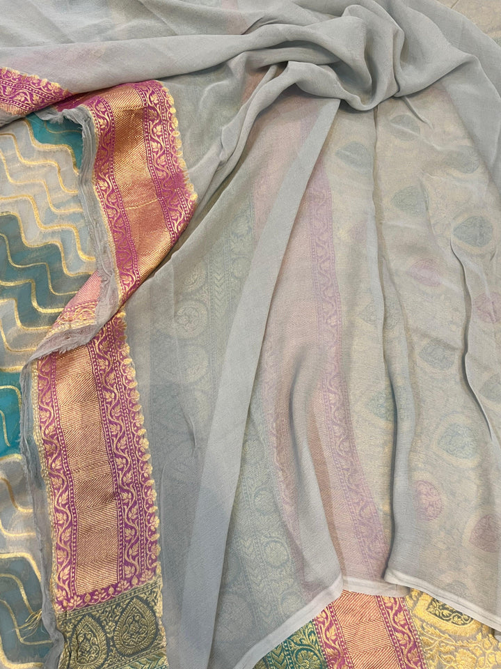 Greyish Blue Rangkaat Pure Banarasi Khaddi Georgette Saree - Aura Benaras