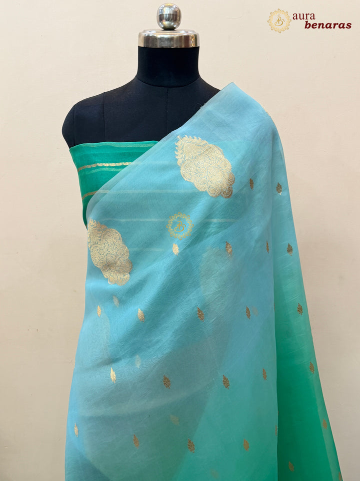Blue - Green shaded Kora Silk Banarasi Saree with Sona Rupa Butis 