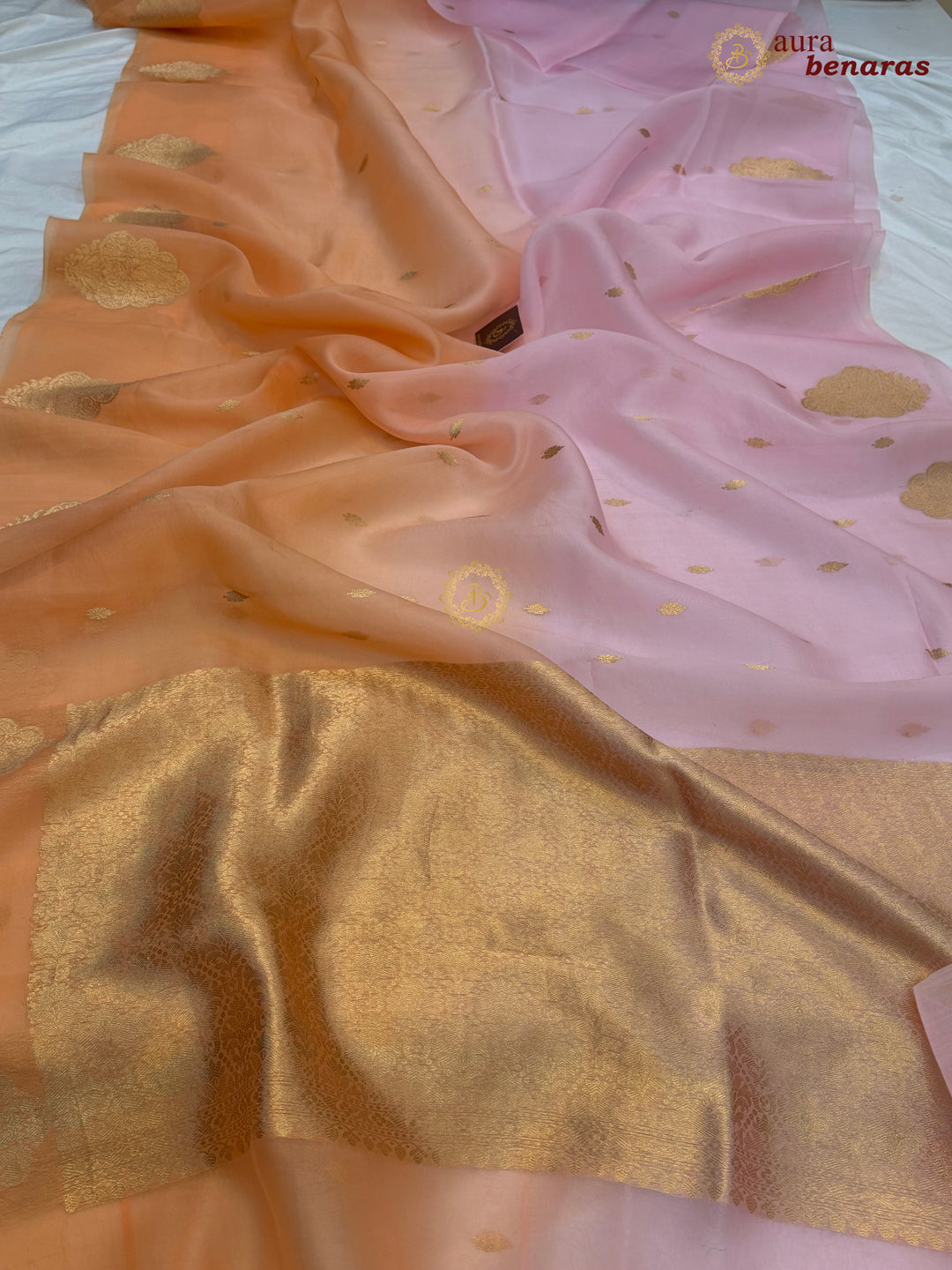 Pastel Pink - Pastel Orange shaded Kora Silk Banarasi Saree with Sona Rupa Butis 