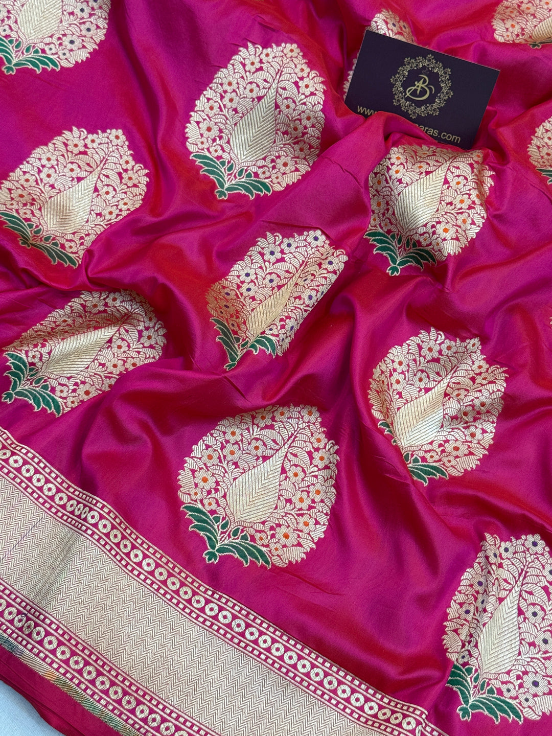 Rani Pink Pure Katan silk Handloom Banarasi Saree