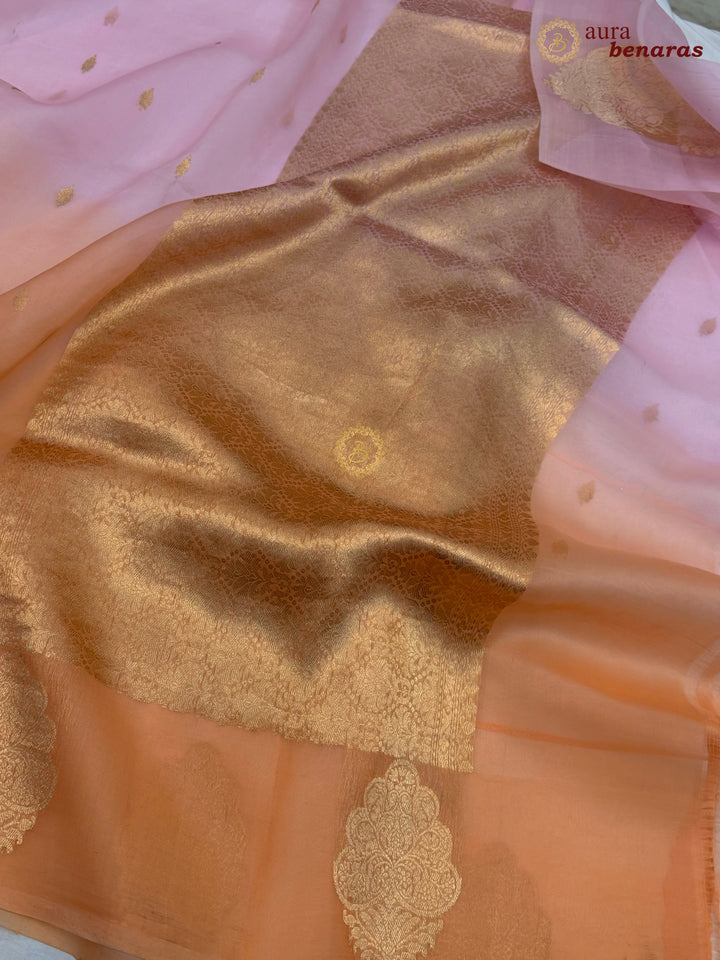 Pastel Pink - Pastel Orange shaded Kora Silk Banarasi Saree with Sona Rupa Butis 
