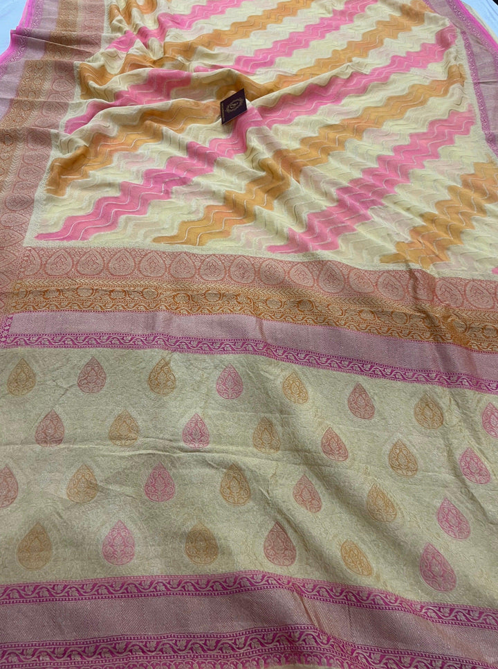 Pastel Yellow Rangkaat Pure Banarasi Khaddi Georgette Saree - Aura Benaras