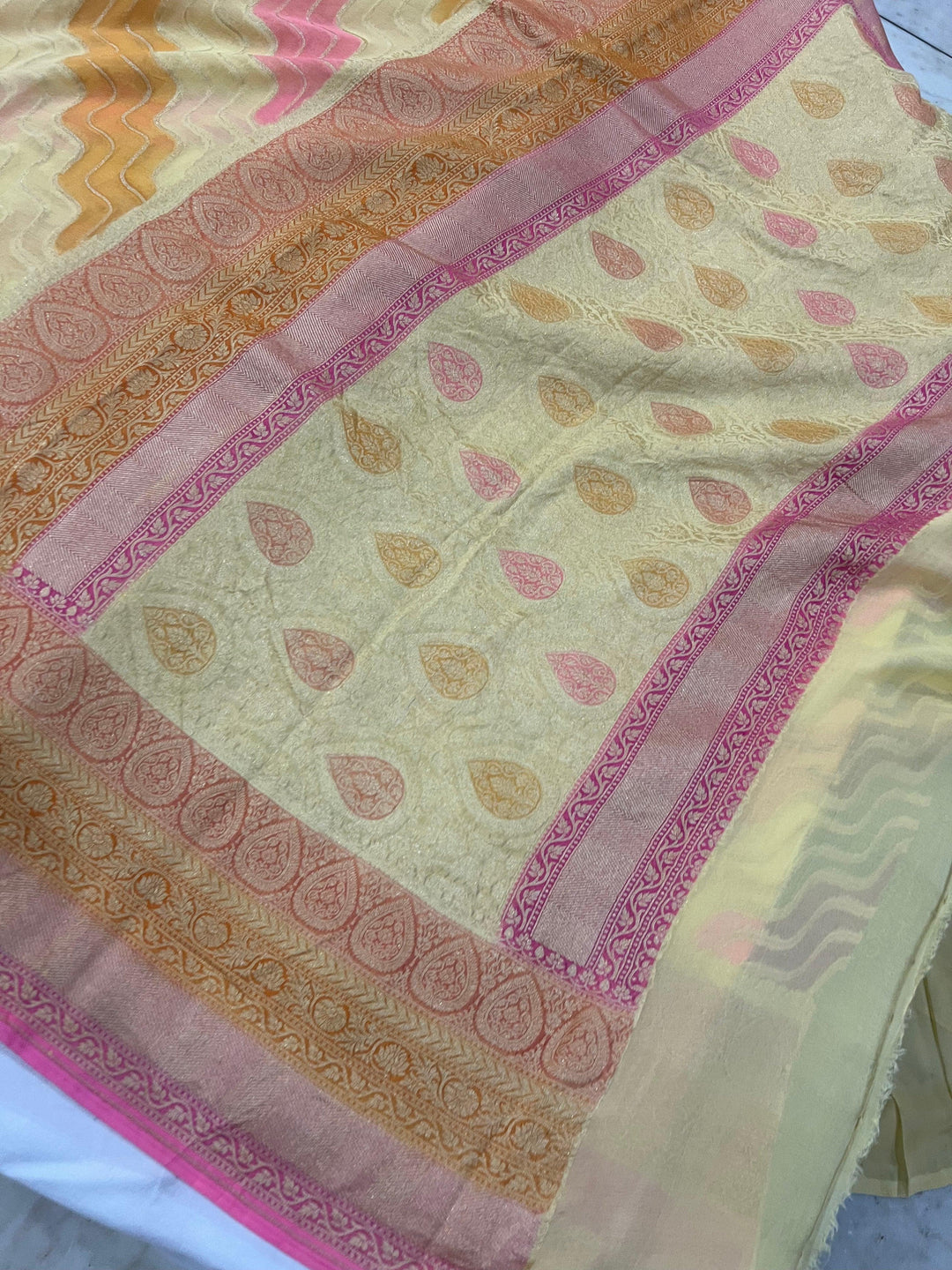 Pastel Yellow Rangkaat Pure Banarasi Khaddi Georgette Saree - Aura Benaras