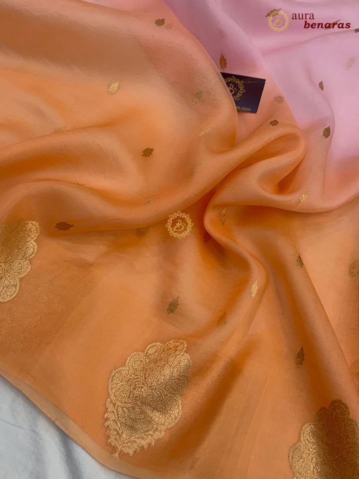 Pastel Pink - Pastel Orange shaded Kora Silk Banarasi Saree with Sona Rupa Butis 