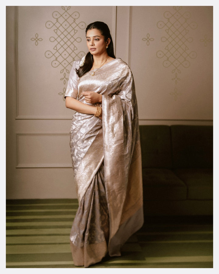 Grey Pure Katan Silk Banarasi Saree with Kadhwa Jaal Floral Design