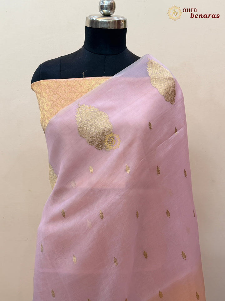 Pastel Pink - Pastel Orange shaded Kora Silk Banarasi Saree with Sona Rupa Butis 