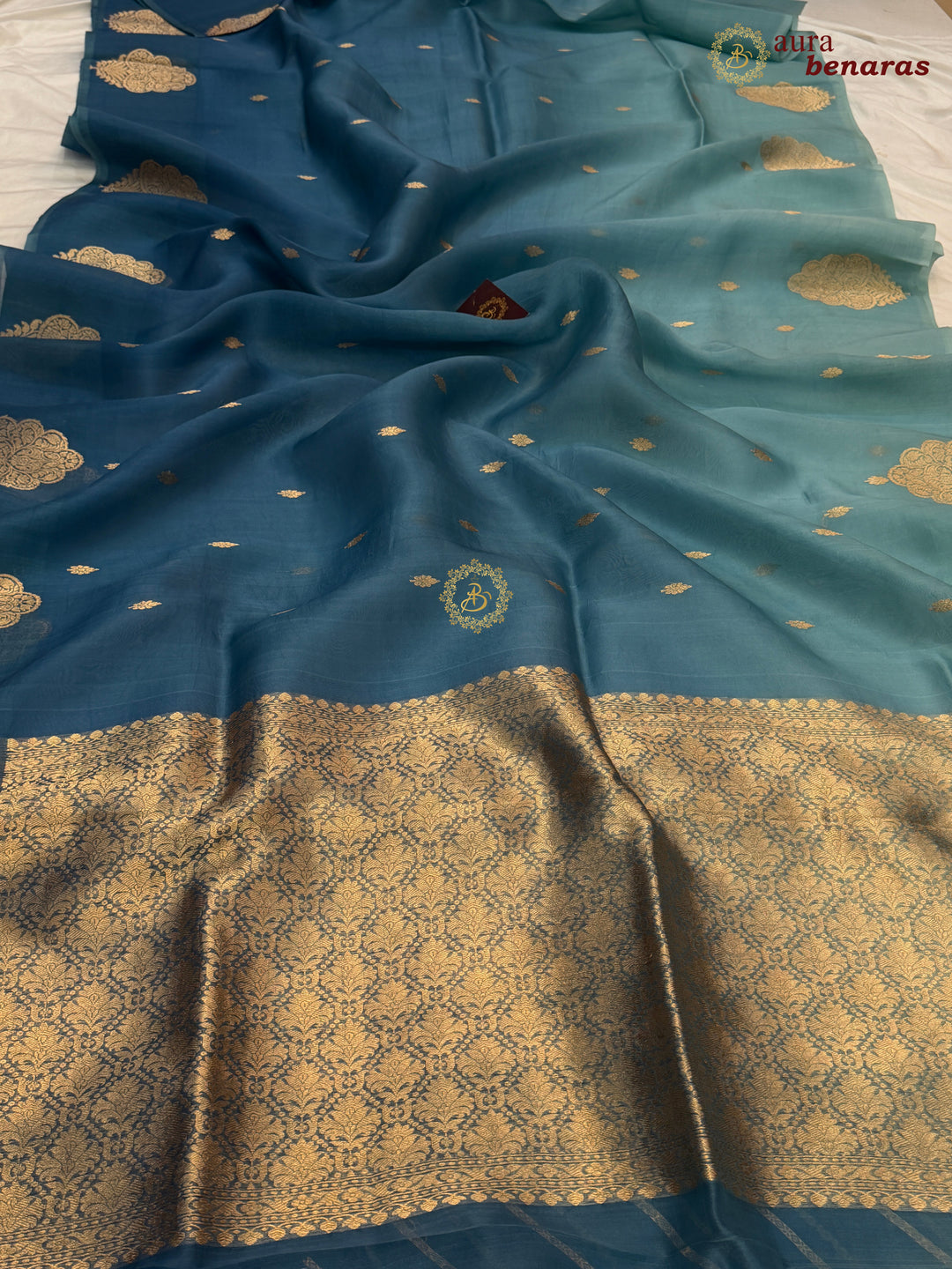 Sky Blue - Teal Blue shaded Kora Silk Banarasi Saree with Sona Rupa Butis 