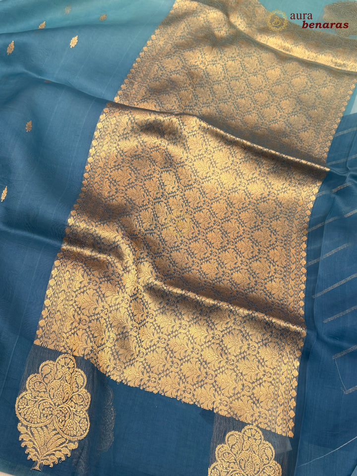 Sky Blue - Teal Blue shaded Kora Silk Banarasi Saree with Sona Rupa Butis 