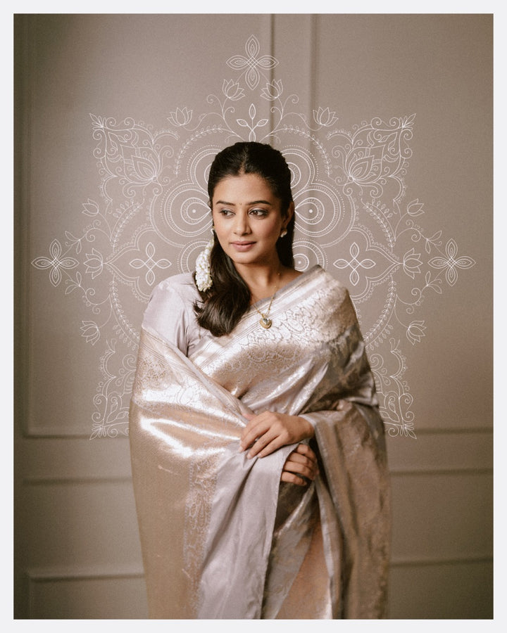 Grey Pure Katan Silk Banarasi Saree with Kadhwa Jaal Floral Design