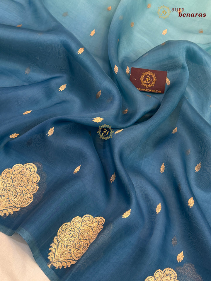 Sky Blue - Teal Blue shaded Kora Silk Banarasi Saree with Sona Rupa Butis 