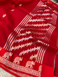 Red Banarasi Handloom Kora Silk Saree - Aura Benaras