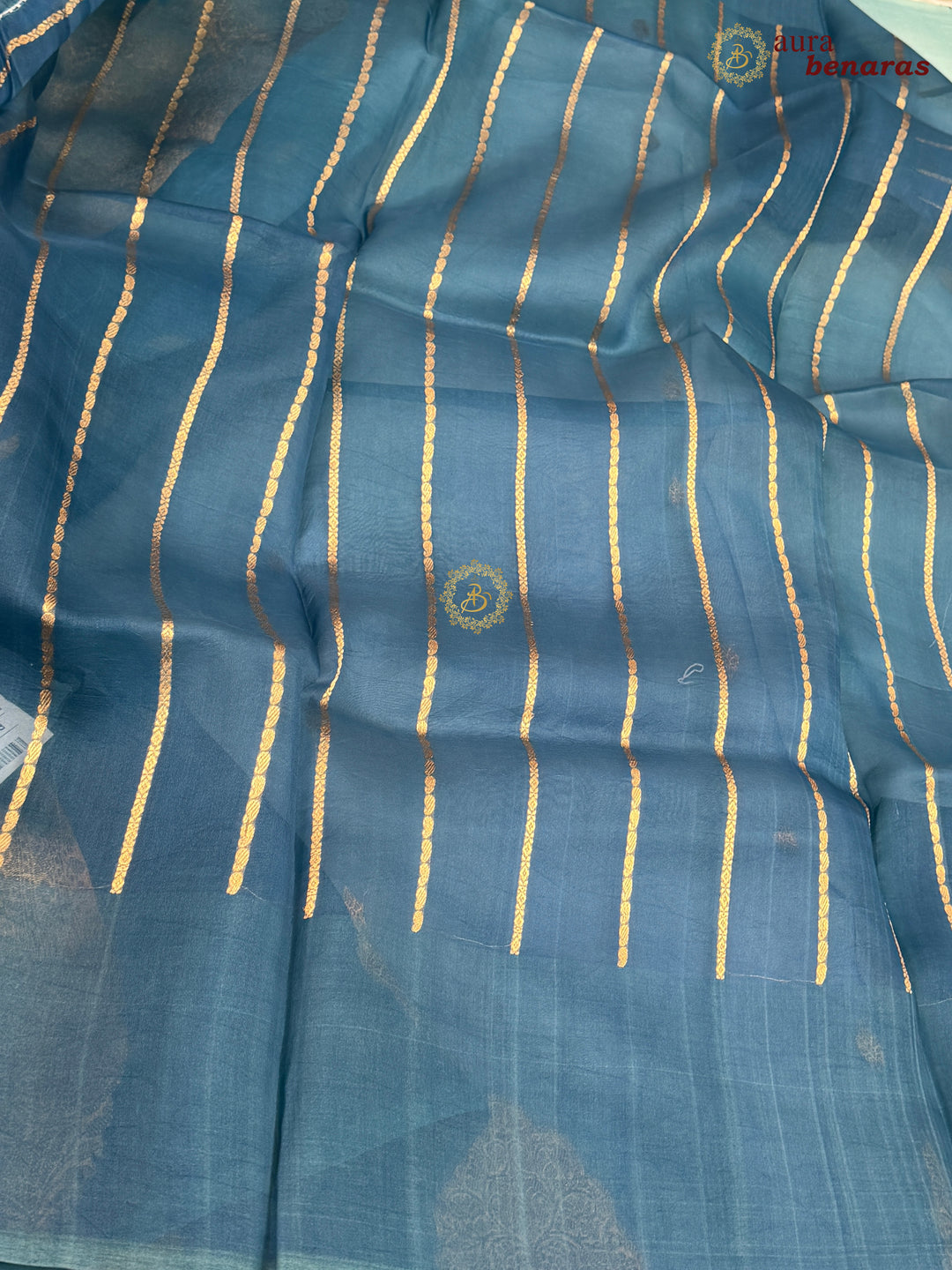Sky Blue - Teal Blue shaded Kora Silk Banarasi Saree with Sona Rupa Butis 