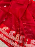 Red Banarasi Handloom Kora Silk Saree - Aura Benaras