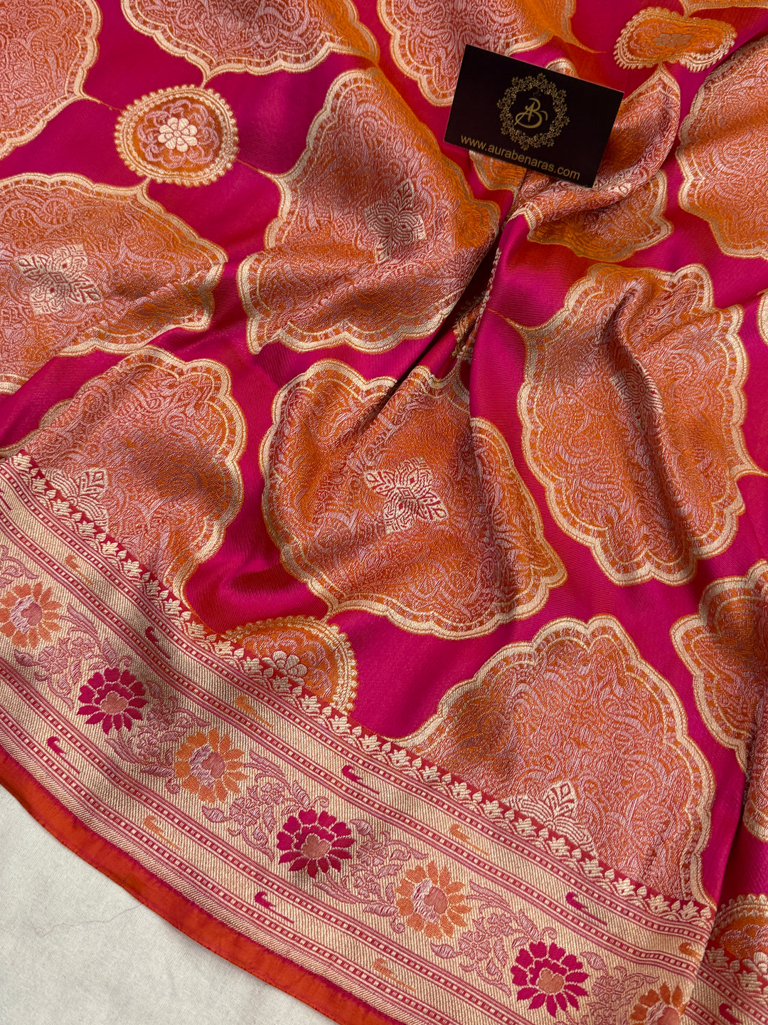 Orange Pink Pure Katan silk Handloom Banarasi Saree