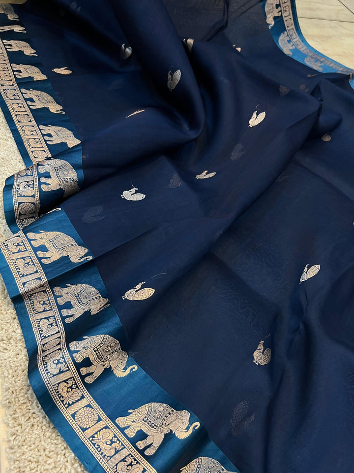 Teal Banarasi Handloom Kora Silk Saree