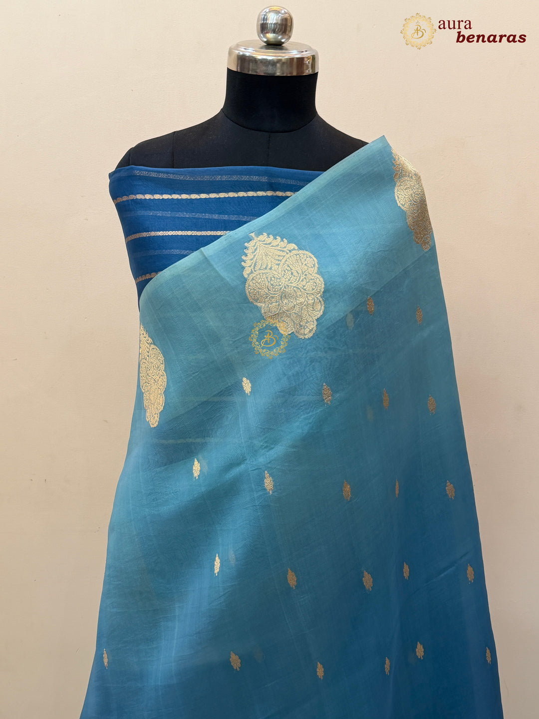 Sky Blue - Teal Blue shaded Kora Silk Banarasi Saree with Sona Rupa Butis 