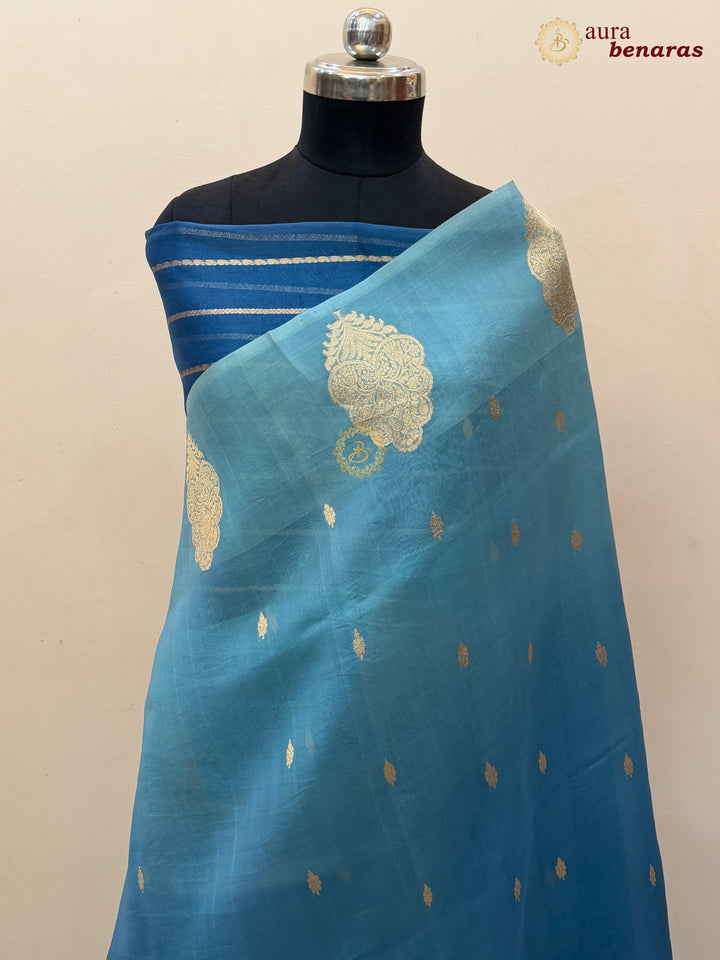 Sky Blue - Teal Blue shaded Kora Silk Banarasi Saree with Sona Rupa Butis 